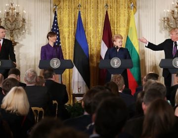 Left to right: Latvian President Raimonds Vejonis, Estonian President Kersti Kaljulaid, Lithuanian President Dalia Grybauskaite and U.S. President Donald Trump, hold a joint news conference in the East Room of the White House Tuesday.