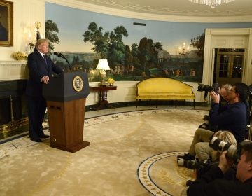 President Trump speaks to the nation Friday, announcing allied military action against Syria. (Pool/Getty Images)