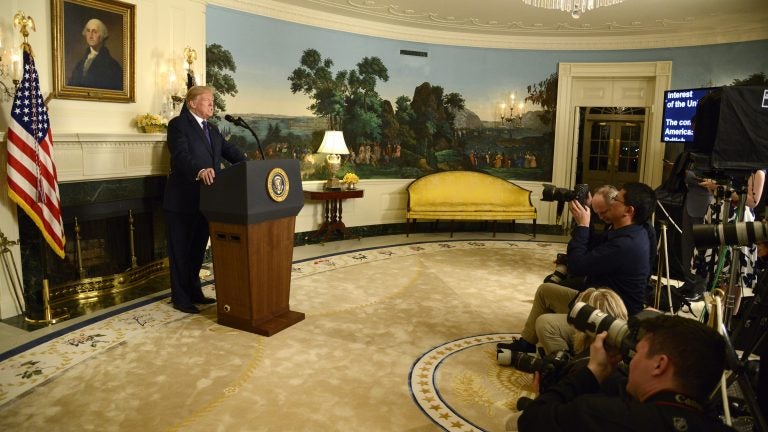 President Trump speaks to the nation Friday, announcing allied military action against Syria. (Pool/Getty Images)