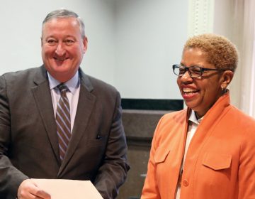 Pictured in this WHYY file photo are Mayor Jim Kenney and Joyce Wilkerson. Both Wilkerson and Christopher McGinley  (not pictured) were today named to the 9 member Philadelphia School Board. (WHYY, file)
