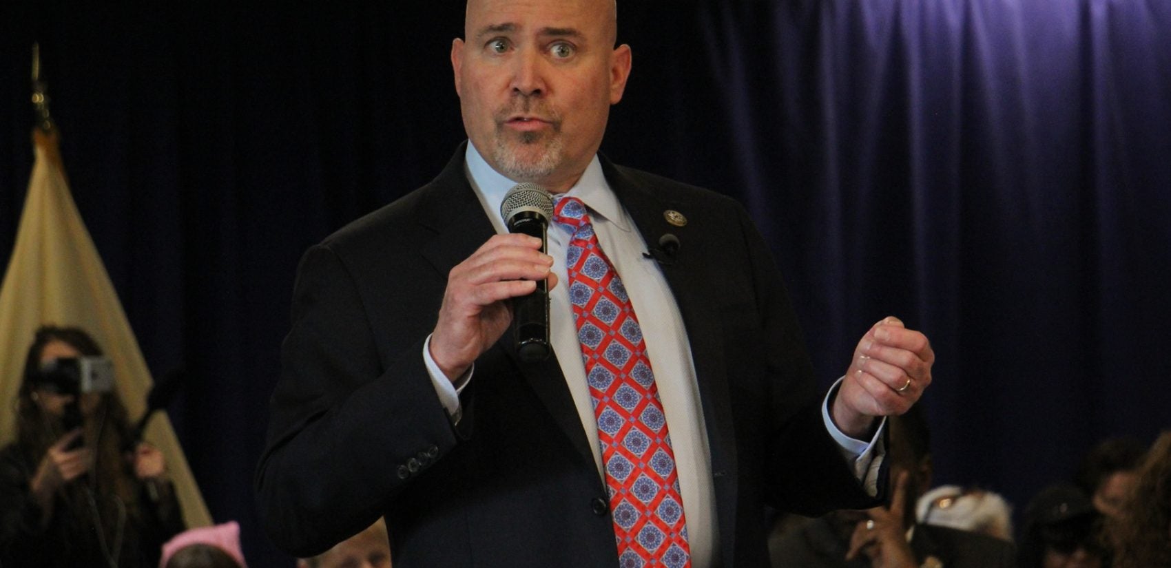 South Jersey Republican U.S. Rep. Tom MacArthur at a town hall in Willingboro, May 10, 2017. (Emma Lee/WHYY)
