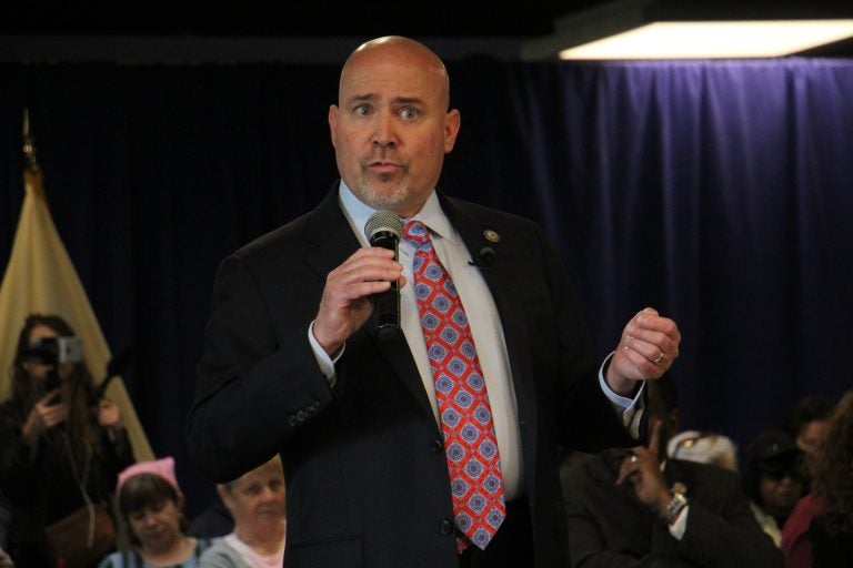 South Jersey Republican U.S. Rep. Tom MacArthur at a town hall in Willingboro, May 10, 2017. (Emma Lee/WHYY)