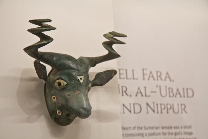 Goat head made of copper alloy, shell and stone, 2475-2300 BCE. (Kimberly Paynter/WHYY)