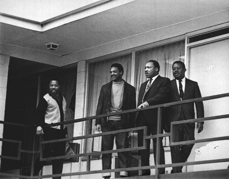 Martin Luther King Jr. stands with fellow civil rights leaders on the balcony of the Lorraine Motel in Memphis, Tenn., on April 3, 1968 -- one day before he was assassinated while standing in approximately the same place. From left are Hosea Williams, Jesse Jackson, King and Ralph Abernathy.