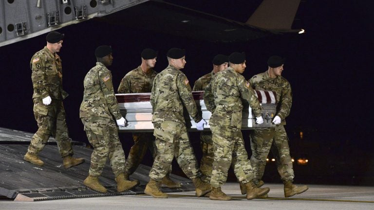 A U.S. Army team transfers the remains of Staff Sgt. Dustin Wright, 29, of Lyons, Ga., at Dover Air Force Base, Del., on Oct. 5. Wright was one of four U.S. troops killed in an ambush in Niger.
Staff Sgt. Aaron J. Jenne/U.S. Air Force via AP