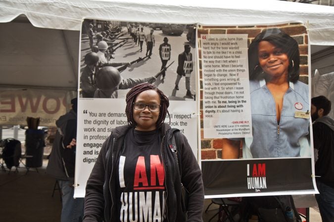 Earlene Bly is a housekeeper at the Philadelphia Wyndham Hotel. She was fasting Wednesday to bring awareness to the issues facing workers of the Philadelphia hospitality industry. (Kimberly Paynter/WHYY)