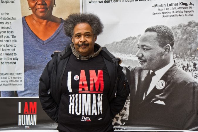 Sheraton Hotel floor supervisor Alton Sawyer is fasting Wednesday to bring awareness to the issues facing workers of the Philadelphia hospitality industry. (Kimberly Paynter/WHYY)