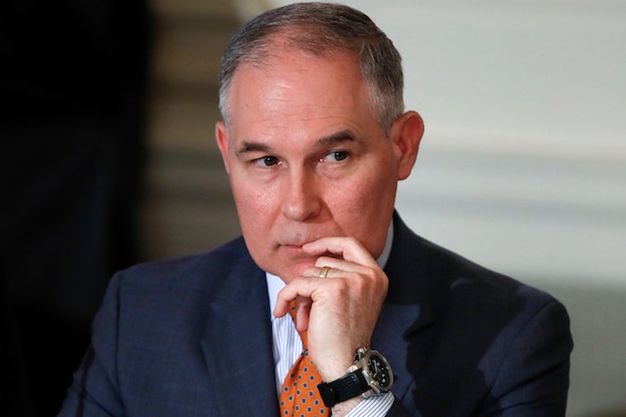 Environmental Protection Agency Administrator Scott Pruitt attends a meeting with state and local officials and President Donald Trump about infrastructure in the State Dining Room of the White House in Washington, Monday, Feb. 12, 2018. (AP Photo/Carolyn Kaster)