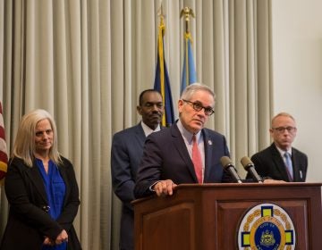 Philadelphia District Attorney Larry Krasner (center) with Philadelphia City Commissioner Lisa M. Deeley; Minister Rodney Muhammad, president of the Philadelphia NAACP; and Assistant District Attorney Peter Berson. They say the city is ready to respond to any Primary Election Day issues through the Election Fraud Task Force. (Lindsay Lazarski/WHYY)