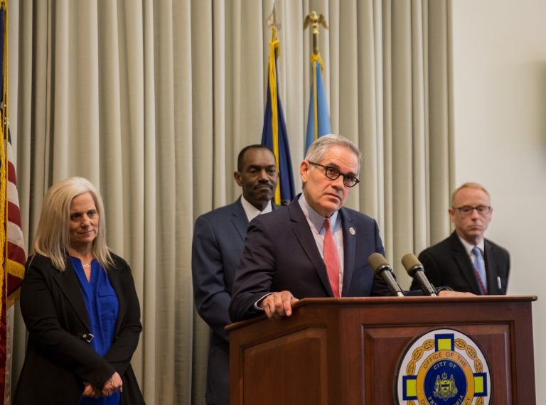 Philadelphia District Attorney Larry Krasner (center) with Philadelphia City Commissioner Lisa M. Deeley; Minister Rodney Muhammad, president of the Philadelphia NAACP; and Assistant District Attorney Peter Berson. They say the city is ready to respond to any Primary Election Day issues through the Election Fraud Task Force. (Lindsay Lazarski/WHYY)