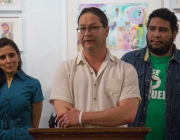 Paul Frame is an American citizen and husband of Ivan Martinez. The ACLU of Pennsylvania, Juntos, members from the immigrant and LGBTQ communities and allies gathered at the William Way LGBT Community Center in Center City, Philadelphia on May 22, to announce the federal filing of a legal complaint to end the unlawful detention of Jose “Ivan” Noe Nuñez Martinez, who has been in detention since Jan. 31, 2018 after ICE showed up to a routine marriage interview at USCIS. (Emily Cohen for WHYY)