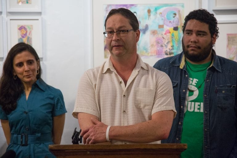 Paul Frame is an American citizen and husband of Ivan Martinez. The ACLU of Pennsylvania, Juntos, members from the immigrant and LGBTQ communities and allies gathered at the William Way LGBT Community Center in Center City, Philadelphia on May 22, to announce the federal filing of a legal complaint to end the unlawful detention of Jose “Ivan” Noe Nuñez Martinez, who has been in detention since Jan. 31, 2018 after ICE showed up to a routine marriage interview at USCIS. (Emily Cohen for WHYY)