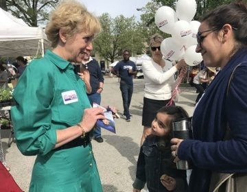 Pittsburgh lawyer and gubernatorial candidate Laura Ellsworth talks with a potential supporter at a Bryn Mawr farmers' market. (Katie Meyer/WITF)