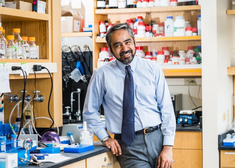 Muhammad Zaman, author of the book Bitter Pills: The Global War on Counterfeit Drugs, in his lab at Boston University.
(Jackie Ricciardi/Boston University)