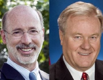 According to a new poll, Gov. Tom Wolf (right), a Democrat, has the edge over GOP challenger Scott Wagner in the leadup to Pennsylvania's gubernatorial election. (WITF, file)