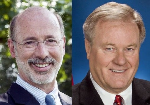 According to a new poll, Gov. Tom Wolf (right), a Democrat, has the edge over GOP challenger Scott Wagner in the leadup to Pennsylvania's gubernatorial election. (WITF, file)