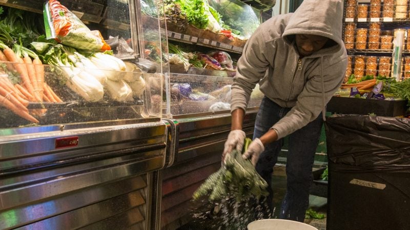 Yero Illo, 36, washes some kale before stacking it in the container. (Emily Cohen for WHYY)