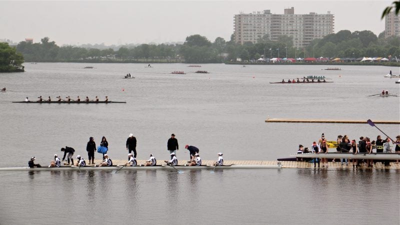 Within two days the Stotesbury regatta had to relocate its boats, tents and docks from  the Schuylkill River in Philadelphia to the Cooper River in Pennsauken, New Jersey. High water and swift currents caused by days of rain made the Schuylkill unsafe for the competition. (Emma Lee/WHYY)