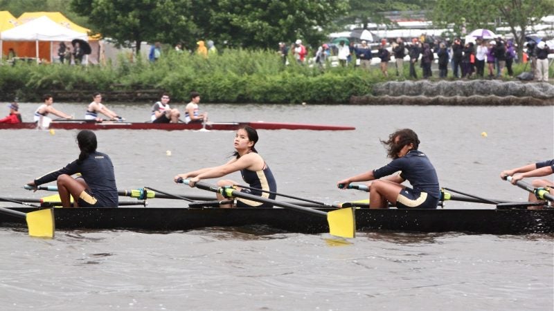 About 6,000 student athletes from nearly 200 schools competed in the Stotesbury Cup Regatta, on the Cooper River, which has been held on the Schuylkill River since 1927. (Emma Lee/WHYY)