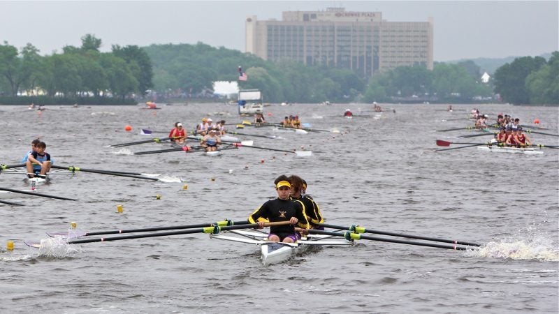 Teams line up on the Cooper River during time trials in the Stotesbury Cup high school rowing competition, which was hastily relocated because of dangerous conditions on the Schuylkill River. (Emma Lee/WHYY)