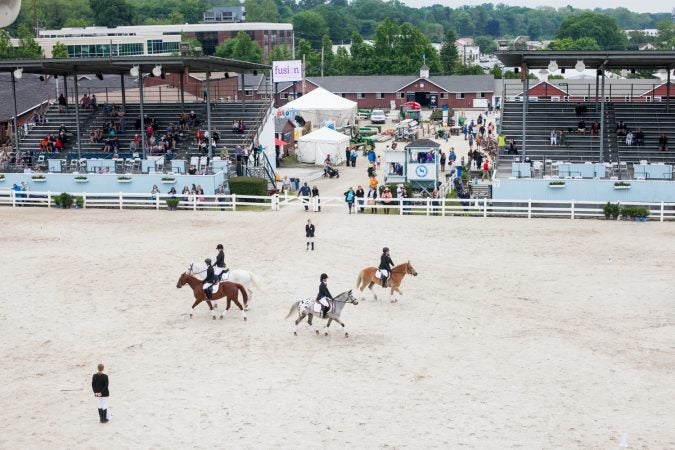 Competitors in the Therapeutic Riders Division ride in different formations at the Devon Horse Show. (Brad Larrison for WHYY)