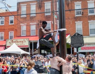 Tyler Dallas of South Philadelphia attempts to ascend the grease pole at the Italian Market Festival Sunday. (Brad Larrison for WHYY)