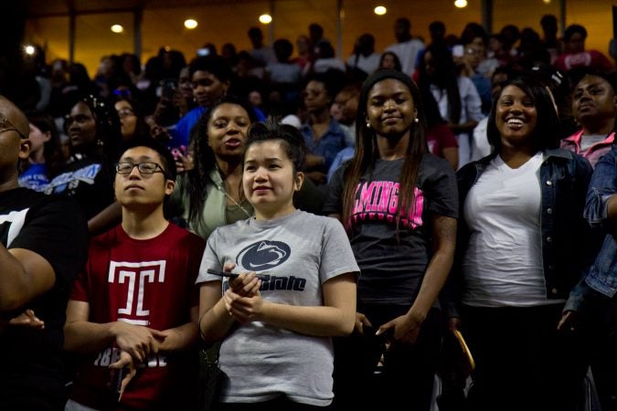 Students from Imhotep Institute Charter High School listen to Michelle Obama’s speech at College Signing Day. (Kimberly Paynter/WHYY)