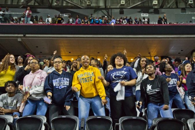 Philadelphia seniors celebrate at College Signing Day. (Kimberly Paynter/WHYY)