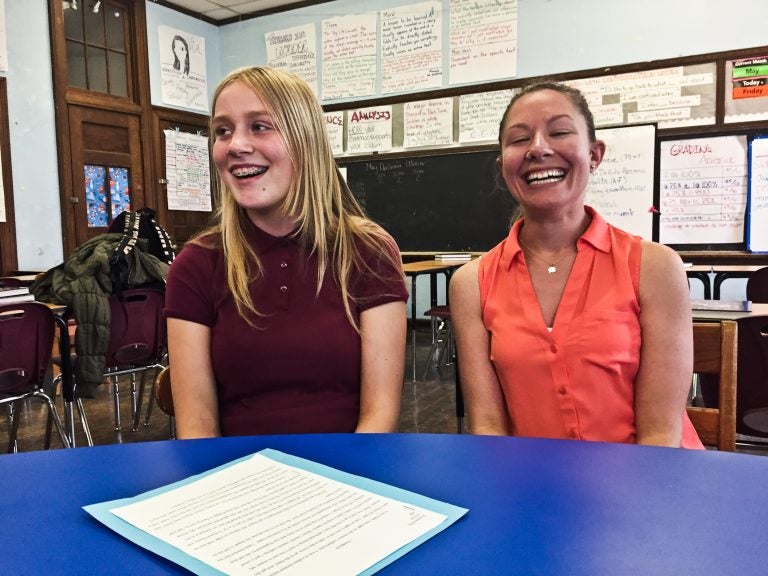 8th grade student Kristina Kelly and English teacher Monique Traugerat Thomas K. Finletter Academics Plus School in the Olney section of North Philadelphia. (Kimberly Paynter/WHYY)