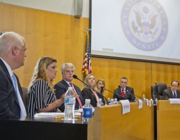 Pennsylvania U.S. Sen. Pat Toomey (far right) attended a hearing on opioid prescriptions in Bensalem Tuesday.(Kimberly Paynter/WHYY)