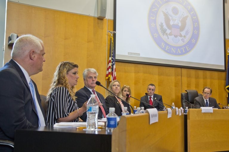 Pennsylvania U.S. Sen. Pat Toomey (far right) attended a hearing on opioid prescriptions in Bensalem Tuesday.(Kimberly Paynter/WHYY)