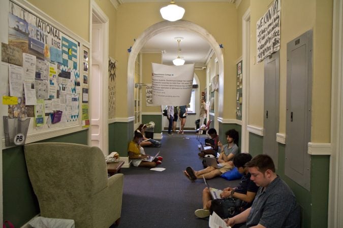 Swarthmore students are staging a sit-in at the college administration offices in protest of the school's sexual assault-reporting policy. (Kimberly Paynter/WHYY)