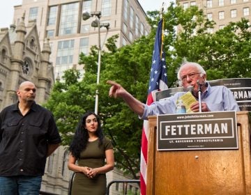 U.S. Sen. Bernie Sanders of Vermont speaking at a rally outside Philadelphia City Hall. (Kimberly Paynter/WHYY)