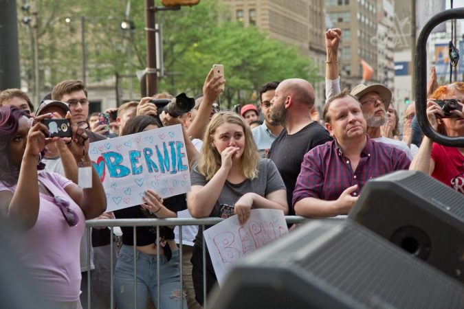 A crowd of a couple hundred joined a rally in Philadelphia for primary candidate John Fetterman who's seeking the Democratic nomination to run for lieutenant governor of Pennsylvania. (Kimberly Paynter/WHYY)