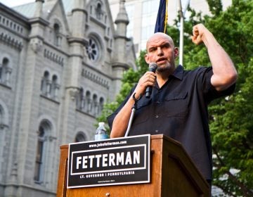 On the campaign trail, John Fetterman spoke to supporters at City Hall in Philadelphia. He has won the Democratic nomination to run for Pennsylvania lieutenant governor on a ticket with with Gov. Tom Wolf, who is seeking re-election. (Kimberly Paynter/WHYY)