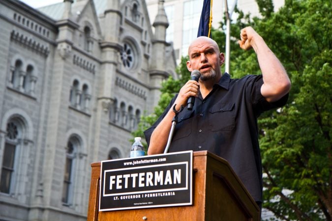 On the campaign trail, John Fetterman spoke to supporters at City Hall in Philadelphia. He has won the Democratic nomination to run for Pennsylvania lieutenant governor on a ticket with with Gov. Tom Wolf, who is seeking re-election. (Kimberly Paynter/WHYY)