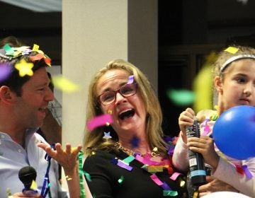 Madeleine Dean celebrates a victory in the Democratic primary for Pennsylvania’s 4th Congressional District with Rabbi Larry Sernovitz and granddaughter Aubrey Cunnane, 6.