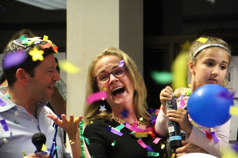 Madeleine Dean celebrates a victory in the Democratic primary for Pennsylvania’s 4th Congressional District with Rabbi Larry Sernovitz and granddaughter Aubrey Cunnane, 6.