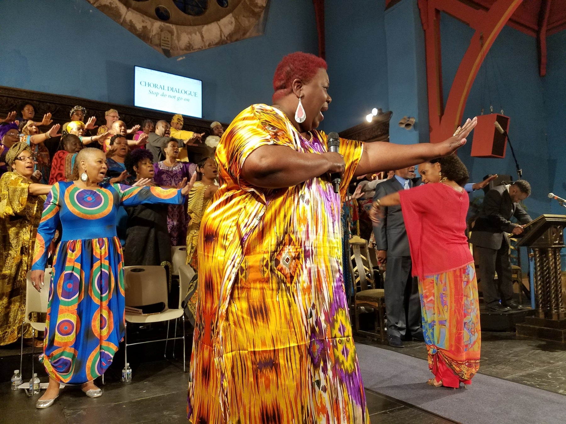 Audrey Mickell sings "Stop Do Not Go On" as the character Choragos in the musical "The Gospel at Colonus" at the First Unitarian Church on Chestnut Street in Philadelphia. 