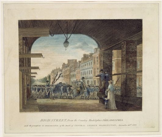 High Street, from the Country Marketplace depicts the funeral procession of President George Washington through Philadelphia in 1799. (Courtesy of The Library Company of Philadelphia)