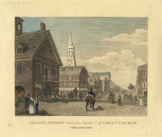 Second Street North from Market Street with Christ Church, Philadelphia, by William Birch. (Courtesy of The Library Company of Philadelphia)