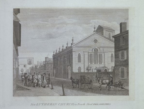 The New Lutheran Church on Fourth Street, Philadelphia, by William Birch. (Courtesy of The Library Company of Philadelphia)