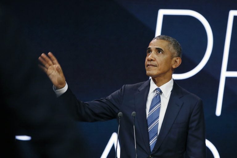 Former U.S. President Obama gestures as he arrives on stage prior to delivering a speech, in Paris, Saturday, Dec. 2, 2017.  Former U.S. President Barack Obama is ending a five-day international trip in Paris, where he is lunching with French President Emmanuel Macron and scheduled to give a speech to business leaders. (Thibault Camus/AP Photo)