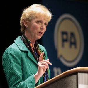 Laura Ellsworth, a lawyer from suburban Pittsburgh and a first-time candidate, answers questions from the panel during a debate between Republican Gubernatorial candidates at Harrisburg Area Community College in Harrisburg, Pa., Thursday, March 1, 2018. 