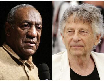 In this combination photo, Bill Cosby speaks to an audience on the campus of University of the District of Columbia in Washington on May 16, 2006 , left, and director Roman Polanski appears at the photo call for the film, 