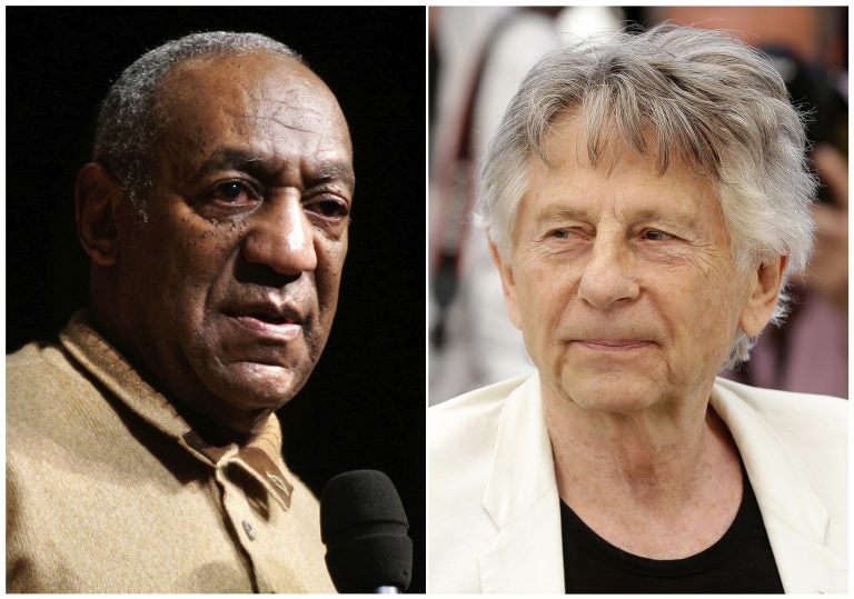 In this combination photo, Bill Cosby speaks to an audience on the campus of University of the District of Columbia in Washington on May 16, 2006 , left, and director Roman Polanski appears at the photo call for the film, 