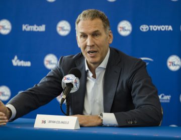 Philadelphia 76ers President of Basketball Operations Bryan Colangelo speaks with members of the media during a news conference at the NBA basketball team's practice facility in Camden, N.J., Friday, May 11, 2018. (Matt Rourke/AP Photo)