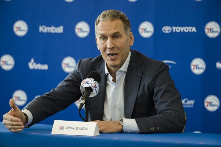 Philadelphia 76ers President of Basketball Operations Bryan Colangelo speaks with members of the media during a news conference at the NBA basketball team's practice facility in Camden, N.J., Friday, May 11, 2018. (Matt Rourke/AP Photo)