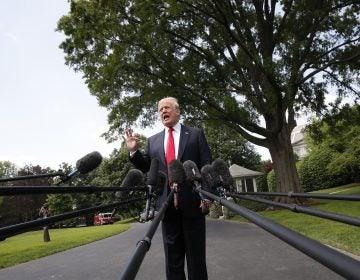 President Donald Trump speaks to the media on the South Lawn of the White House in Washington, Wednesday, May 23, 2018, en route to a day trip to New York.   Trump will hold a roundtable discussion on Long Island on illegal immigration and gang violence that the White House is calling a 