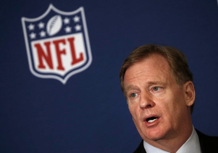 NFL commissioner Roger Goodell tells reporters the NFL team owners have reached agreement on a new league policy that requires players to stand for the national anthem or remain in the locker room during the NFL owner's spring meeting Wednesday, May 23, 2018, in Atlanta. (John Bazemore/AP Photo)